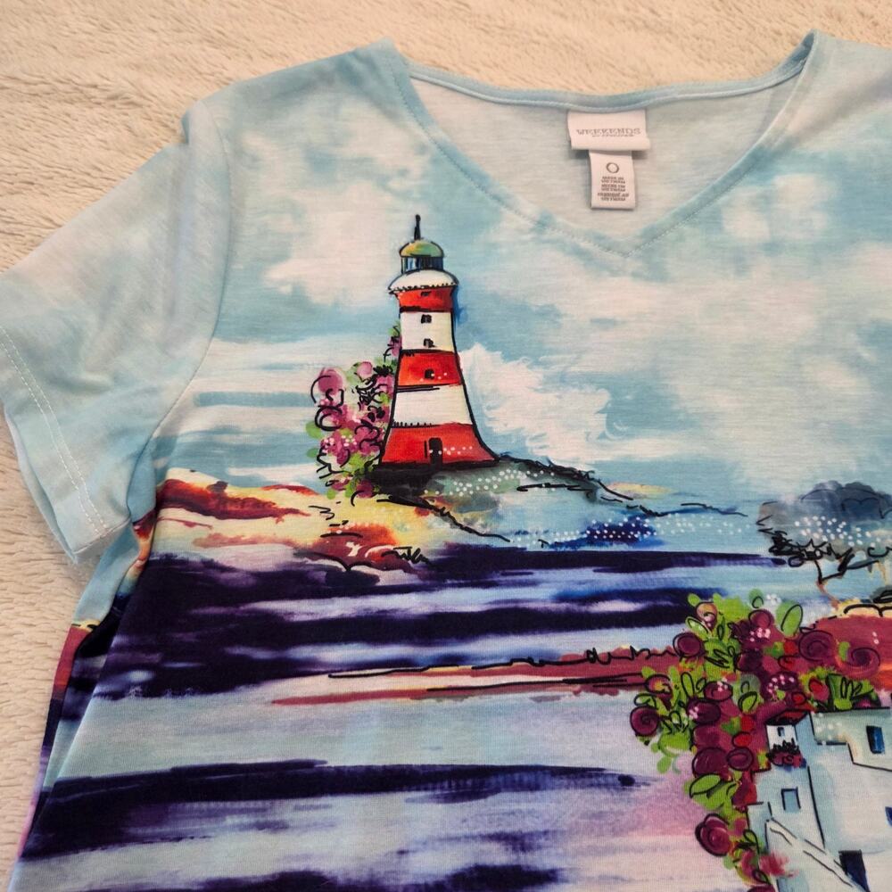 Chico’s Weekends Scenic Lighthouse Art T-Shirt Coastal Chico's Size 0 US Size S - Picture 10 of 14